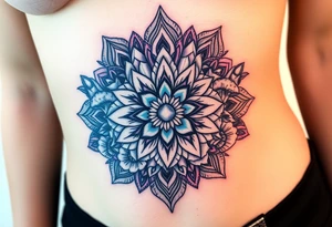 psychedelic  tattoo with crystals and  mandala style flowers and mushrooms under breast tattoo idea