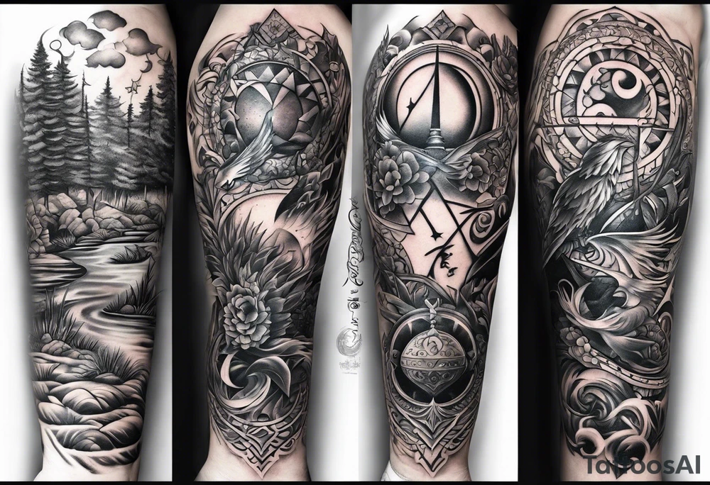 tattoo full sleeve that includes cancer, aquarius and sagittarius signs tattoo idea