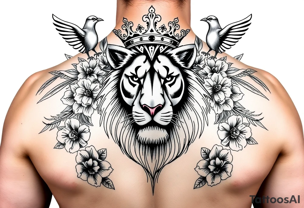 powerful majestic lion with a crown, surrounded by floral ornaments and birds tattoo idea