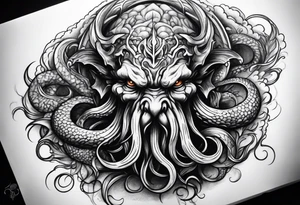 Cthulhu face surrounded by storm clouds with white lightning, tentacles and clouds wrapping around forearm tattoo idea