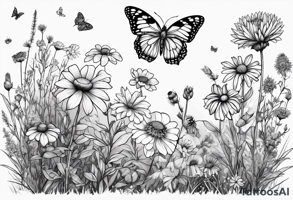 Wildflowers, prairie plants, small butterfly, ladybug tattoo idea