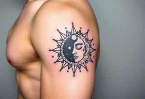 celestial sun and moon embrace with constellation patterns tattoo idea