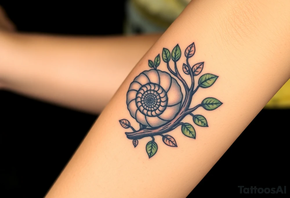 Fibonacci spiral shell inside of tree full of leaves tattoo idea