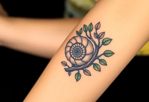 Fibonacci spiral shell inside of tree full of leaves tattoo idea