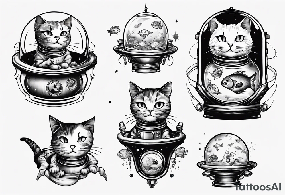 Space cat with a fish bowl on head tattoo idea