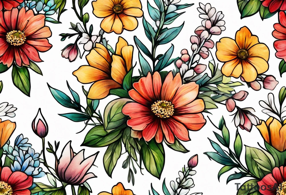 long stem wildflower bouquet tattoo idea