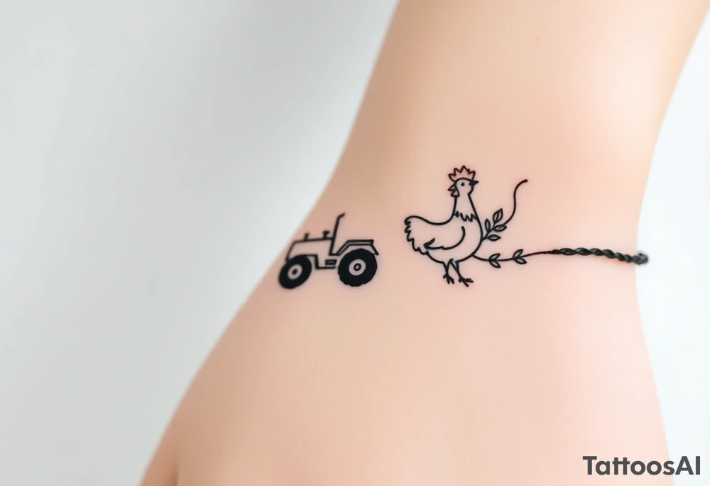 A bracelet that includes a very small tractor and bouquet flowers and a chicken tattoo idea