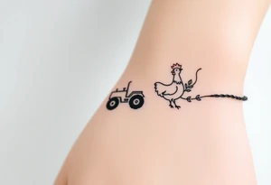 A bracelet that includes a very small tractor and bouquet flowers and a chicken tattoo idea