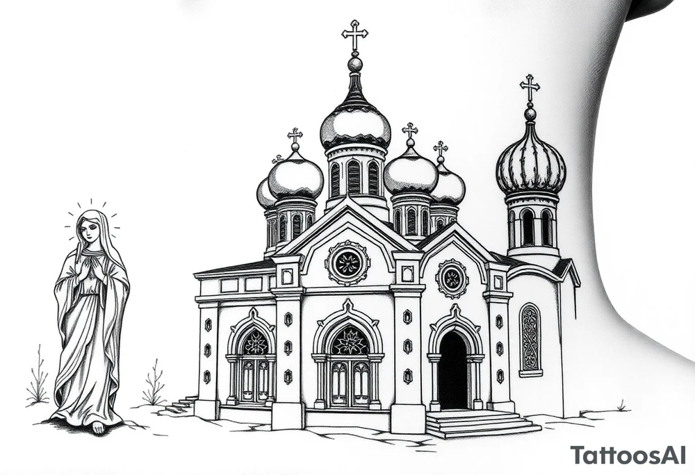 medium sized Russian orthodox church with bulb domes with a prominent russian orthodox style virgin mary stood outside to the left tattoo idea
