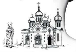 medium sized Russian orthodox church with bulb domes with a prominent russian orthodox style virgin mary stood outside to the left tattoo idea