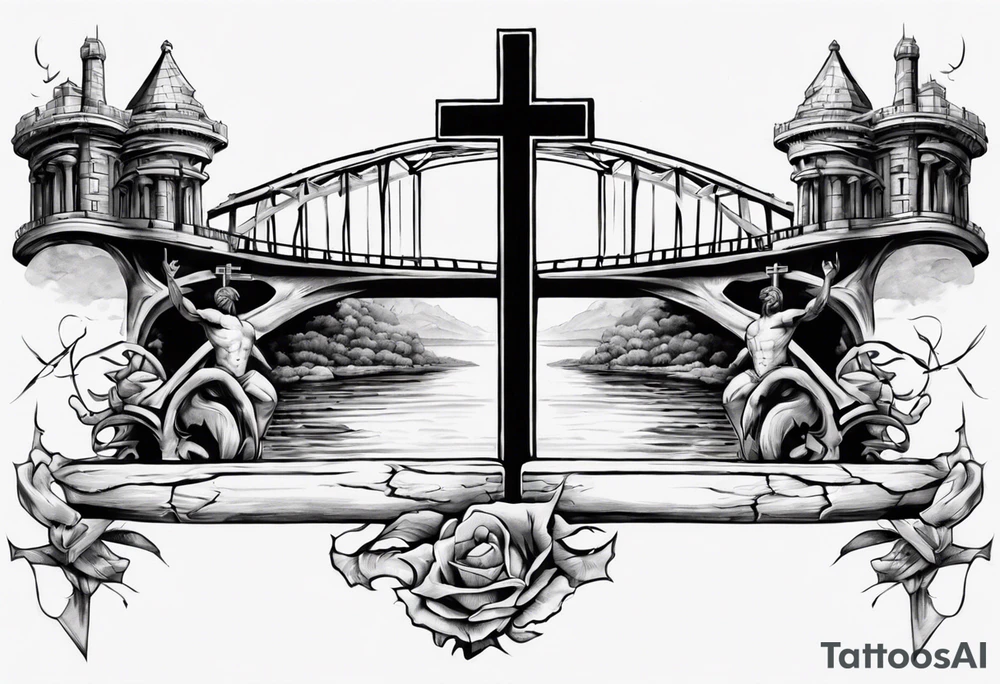 Inner bicep, stretched horizontally, bridge leading to a cross tattoo idea Inner bicep, stretched horizontally, bridge leading to a cross tattoo idea