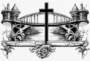 Inner bicep, stretched horizontally, bridge leading to a cross tattoo idea