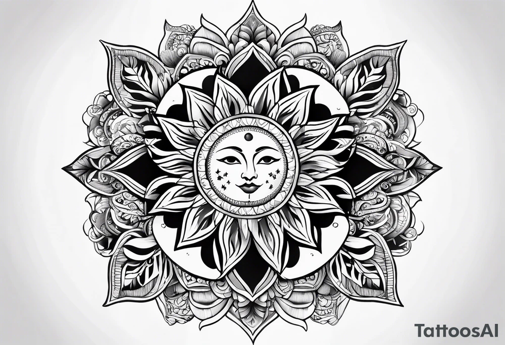 sun and moon tattoo flowing into mandala with butterflies tattoo idea