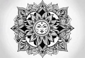 sun and moon tattoo flowing into mandala with butterflies tattoo idea
