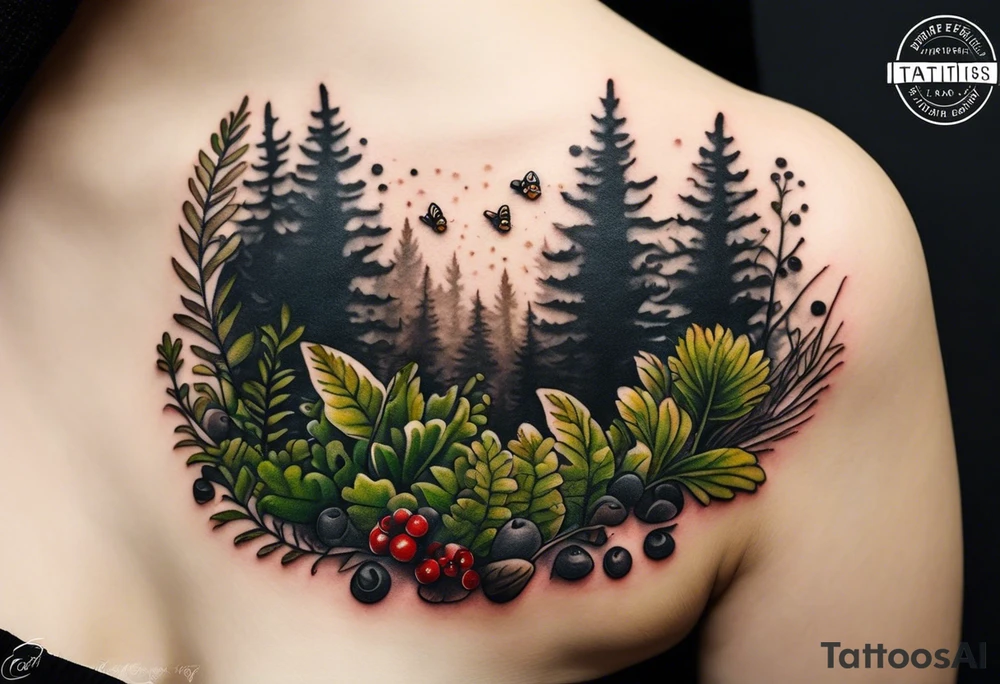 minimalistic forest floor inspired tattoo, which includes grass, moss, curly ferns and dead leaves as the bulk of the tattoo. details to include: forest berries, couple of very small brown mushrooms, a tiny bumblebee flying nearby tattoo idea