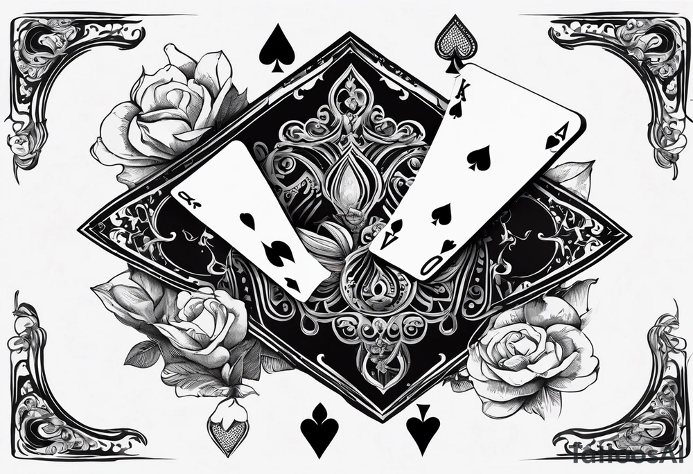 A black-and-white tattoo featuring a deck of playing cards falling mid-air, with a joker card prominently displayed at the center to symbolize unpredictability and chaos in life. The cards are scattered, some face-up, some face-down, representing chance and fate. A small hourglass is incorporated at the base of the design, symbolizing the passage of time. The tattoo uses bold lines and shading to create depth and contrast, keeping the design entirely black and white tattoo idea