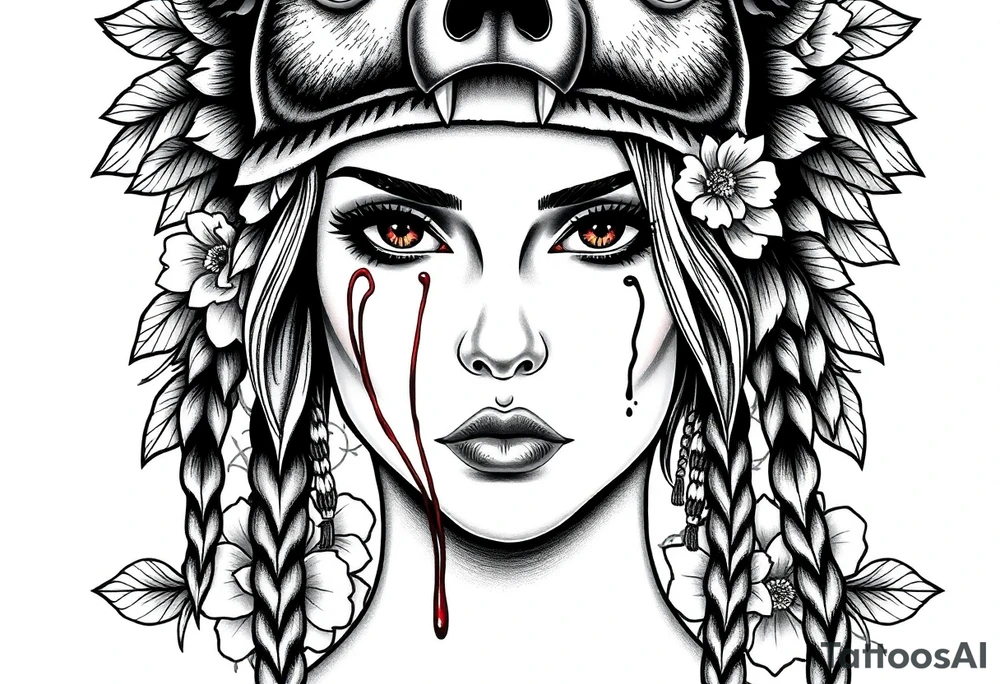 Symmetrical Beautiful Woman, looking forward, with colored eyes, shedding a tear, with battle scars and blood on face, with soft look, wearing a mean looking bear headdress on head, with flower background tattoo idea