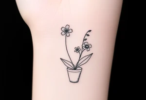 African violet, Daisy, Lily of the valley, Rose in a flower pot. Light color shading tattoo idea