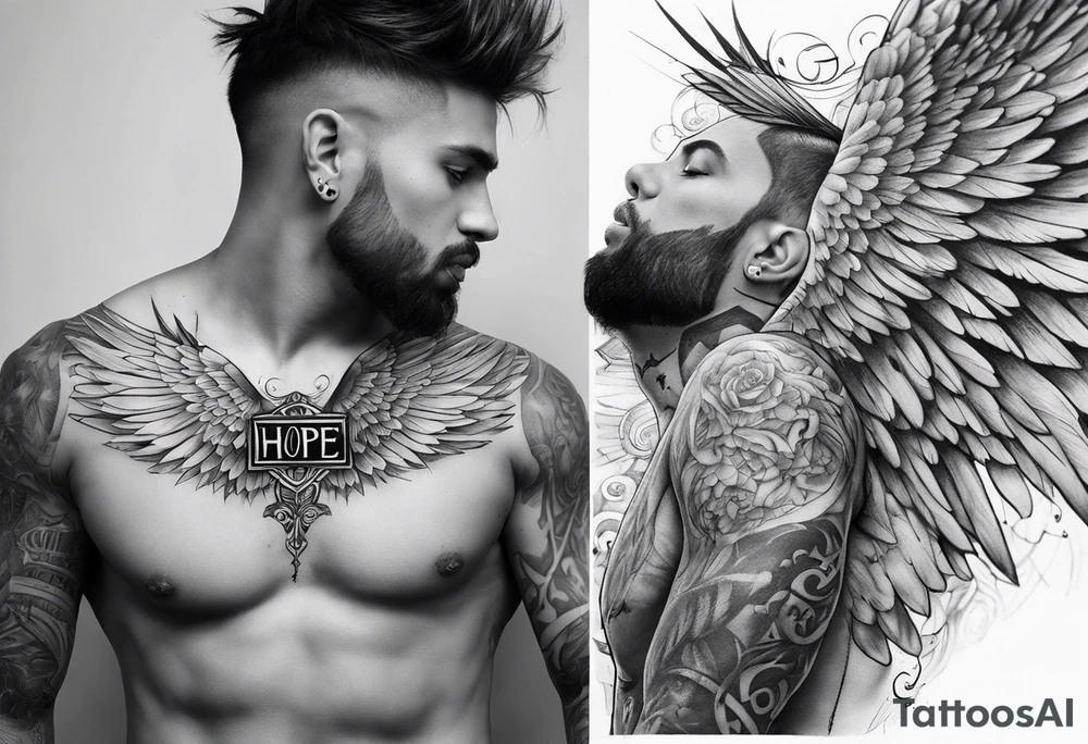 full chest tattoo realistic face and scar with wings on the shoulders and the word "hope" tattoo idea