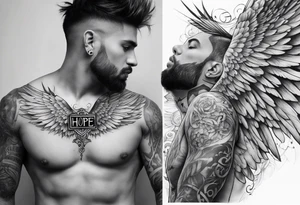 full chest tattoo realistic face and scar with wings on the shoulders and the word "hope" tattoo idea