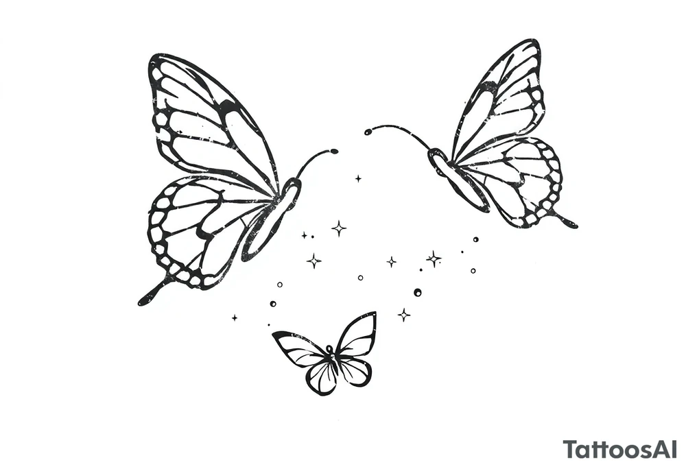 Simple outline of flying butterflies with lots of sparkles and bubbles tattoo idea