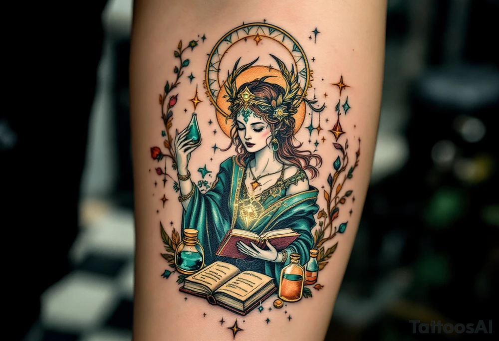 A Virgo figure as an alchemist, surrounded by books, vials, and magical symbols, embodying intelligence and perfectionism. The design is rich in emerald green, warm copper, and antique gold, highlighting Virgo’s analytical and detail-oriented nature. tattoo idea