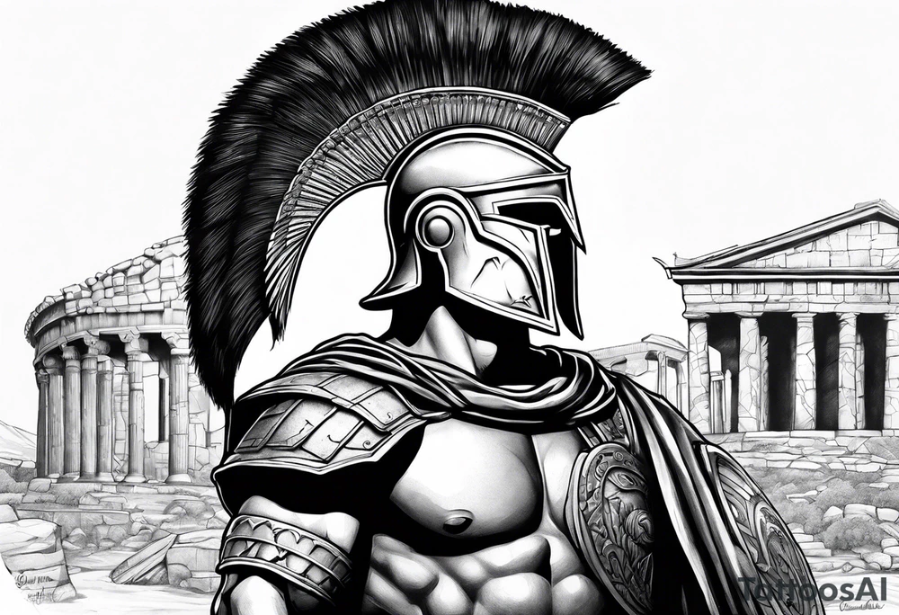 Side profile of spartan soilder with Roman buildings wrap tattoo idea