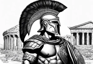 Side profile of spartan soilder with Roman buildings wrap tattoo idea
