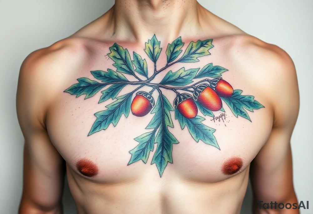on the chest an oak branch with thick leaves and acorns oak branch with thick leaves and acorns tattoo idea