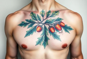 on the chest an oak branch with thick leaves and acorns oak branch with thick leaves and acorns tattoo idea