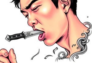 Handsome Asian young guy is licking a ritual knife tattoo idea