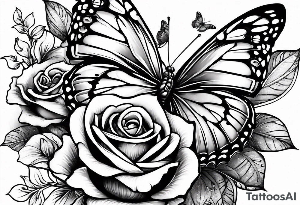 Butterfly flying with roses & filligree tattoo idea