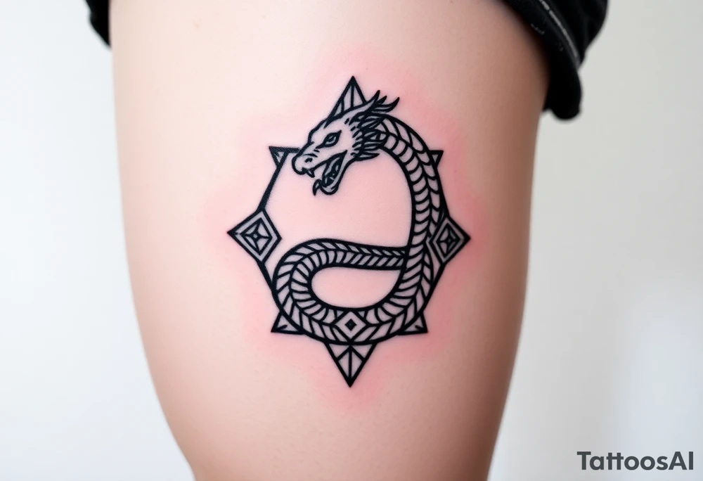 Ouroboros or dragon/serpent/snake eating its own tail in a figure 8 in negative space with geometric patterns tattoo idea
