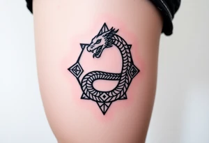 Ouroboros or dragon/serpent/snake eating its own tail in a figure 8 in negative space with geometric patterns tattoo idea