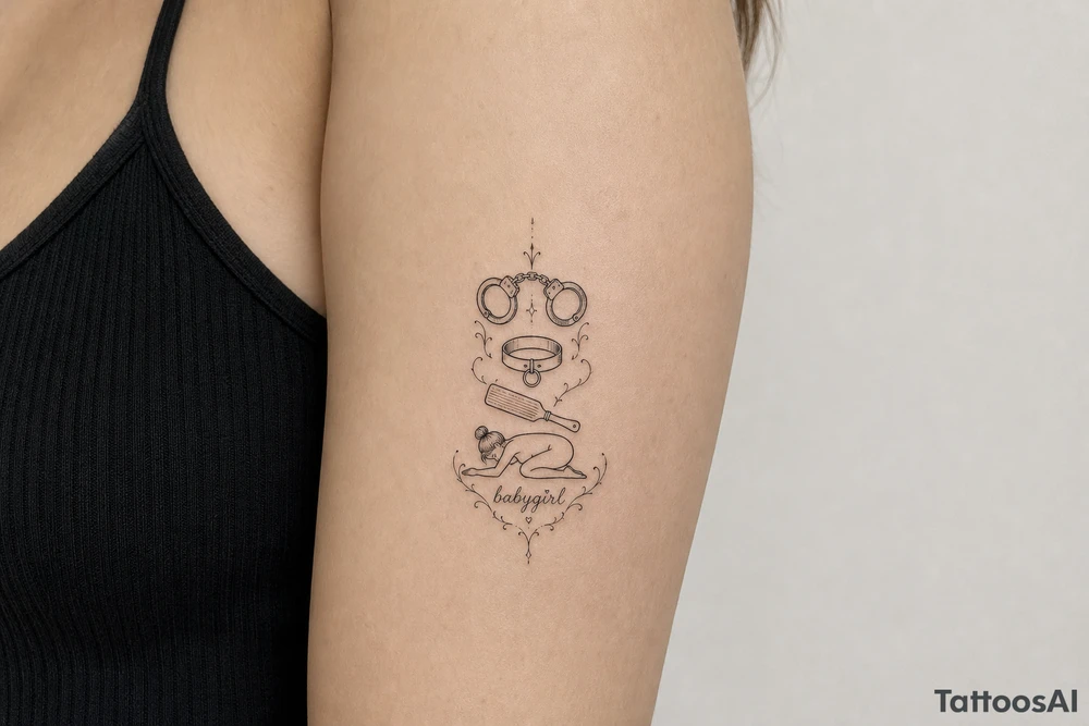 A tattoo for a submissive named babygirl, with a wrist cuffs, a collar, a paddle, and a minimalist line art female form that is kneeling and prone. tattoo idea