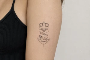 A tattoo for a submissive named babygirl, with a wrist cuffs, a collar, a paddle, and a minimalist line art female form that is kneeling and prone. tattoo idea