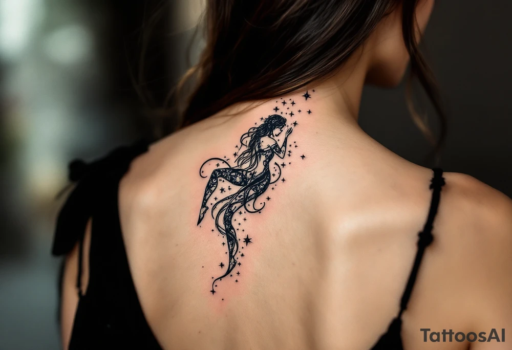 The Virgo maiden in black anchors a trail of pastel-colored stars that form the constellation on the upper spine. tattoo idea