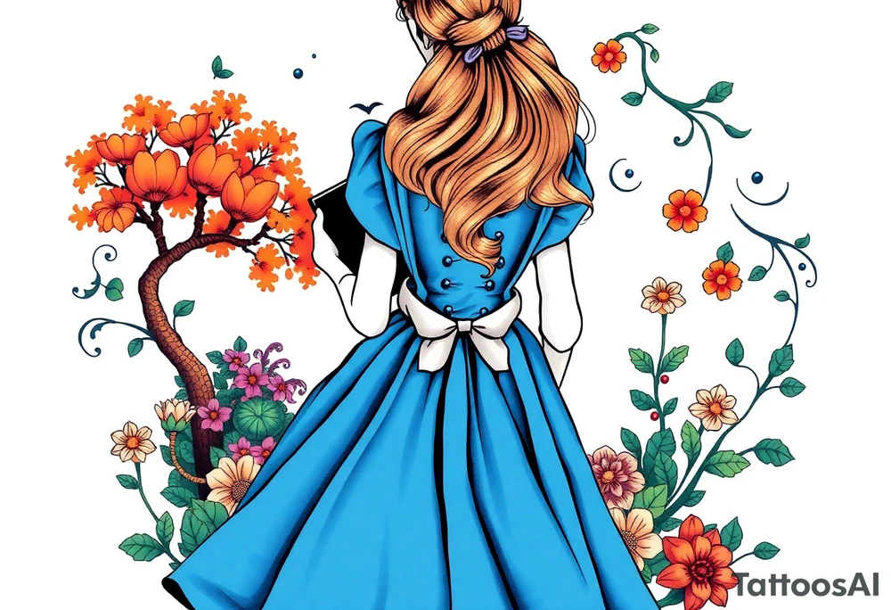 Alice (from Alice in wonderland) silhouette wearing a blue dress. Perspective from the back. She is caring a book, entering a garden with flowers and an orange tree tattoo idea