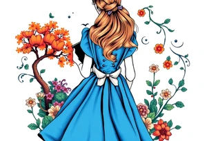 Alice (from Alice in wonderland) silhouette wearing a blue dress. Perspective from the back. She is caring a book, entering a garden with flowers and an orange tree tattoo idea