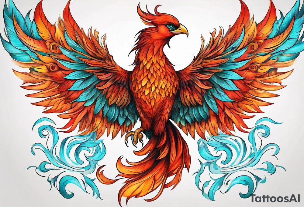 Proud Strong red orange phoenix with turquoise ends of flames wings tattoo idea