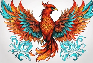 Proud Strong red orange phoenix with turquoise ends of flames wings tattoo idea