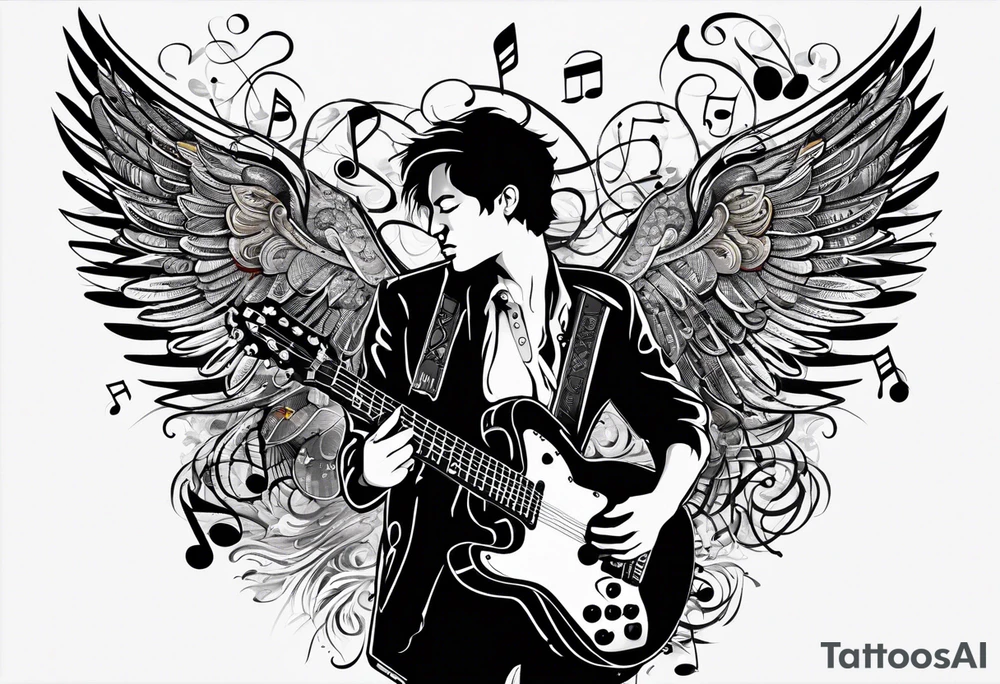 Microphone and musical notes and guitar and wings and music is medicine tattoo idea