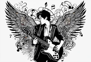 Microphone and musical notes and guitar and wings and music is medicine tattoo idea
