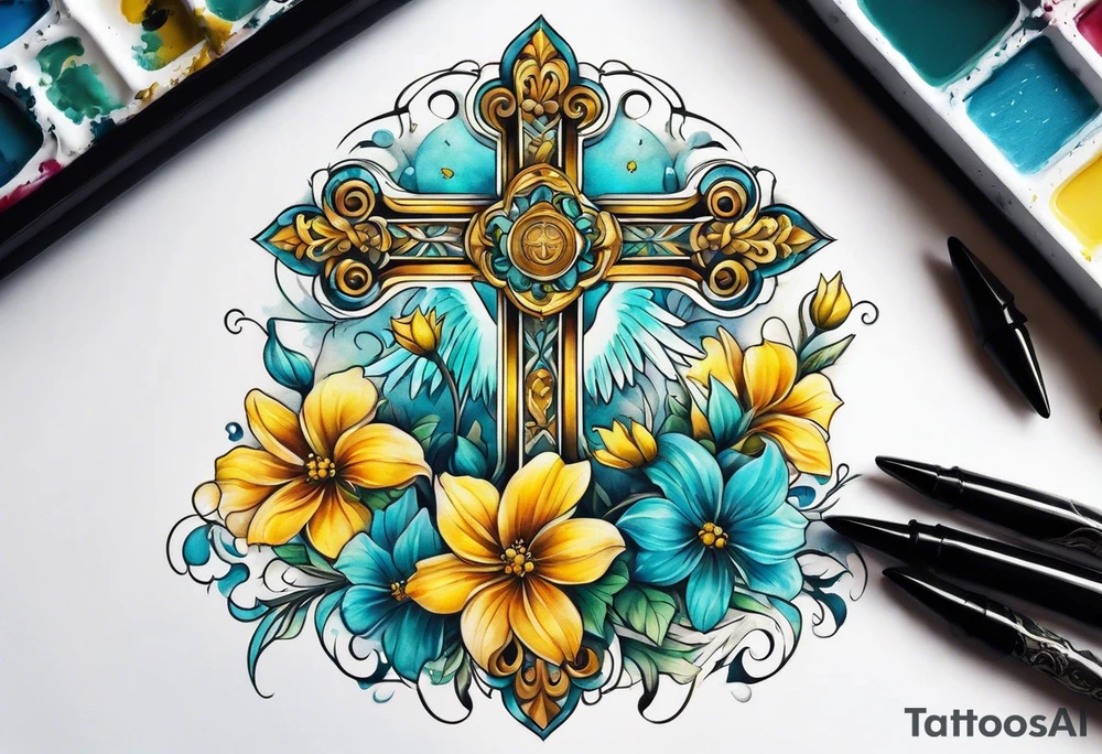 Winged cross surrounded by yellow and aqua flowers tattoo idea