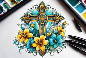 Winged cross surrounded by yellow and aqua flowers tattoo idea