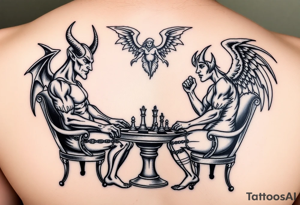 devil and angel playing chess. Make them seem like people and not animals. Sitting on chairs with an angel watching tattoo idea
