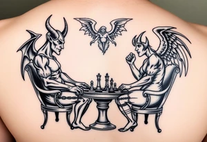 devil and angel playing chess. Make them seem like people and not animals. Sitting on chairs with an angel watching tattoo idea