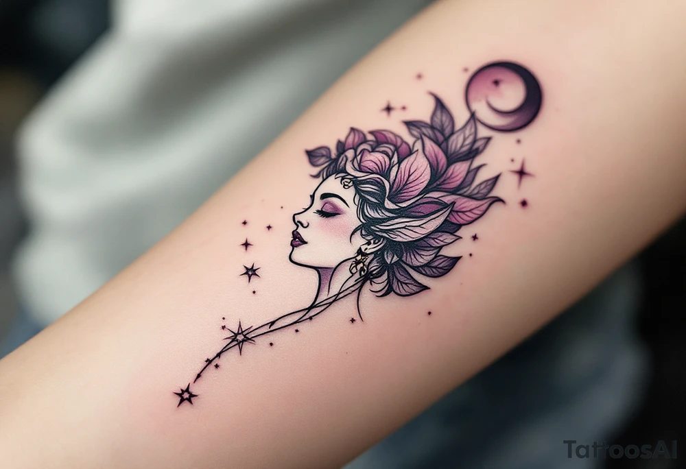 Fine black linework of the Virgo star constellation curves behind a stylized goddess in plum and wine hues tattoo idea