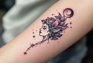 Fine black linework of the Virgo star constellation curves behind a stylized goddess in plum and wine hues tattoo idea