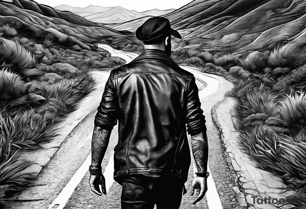 a man on a road that is less traveled with "Hark" in a banner tattoo idea